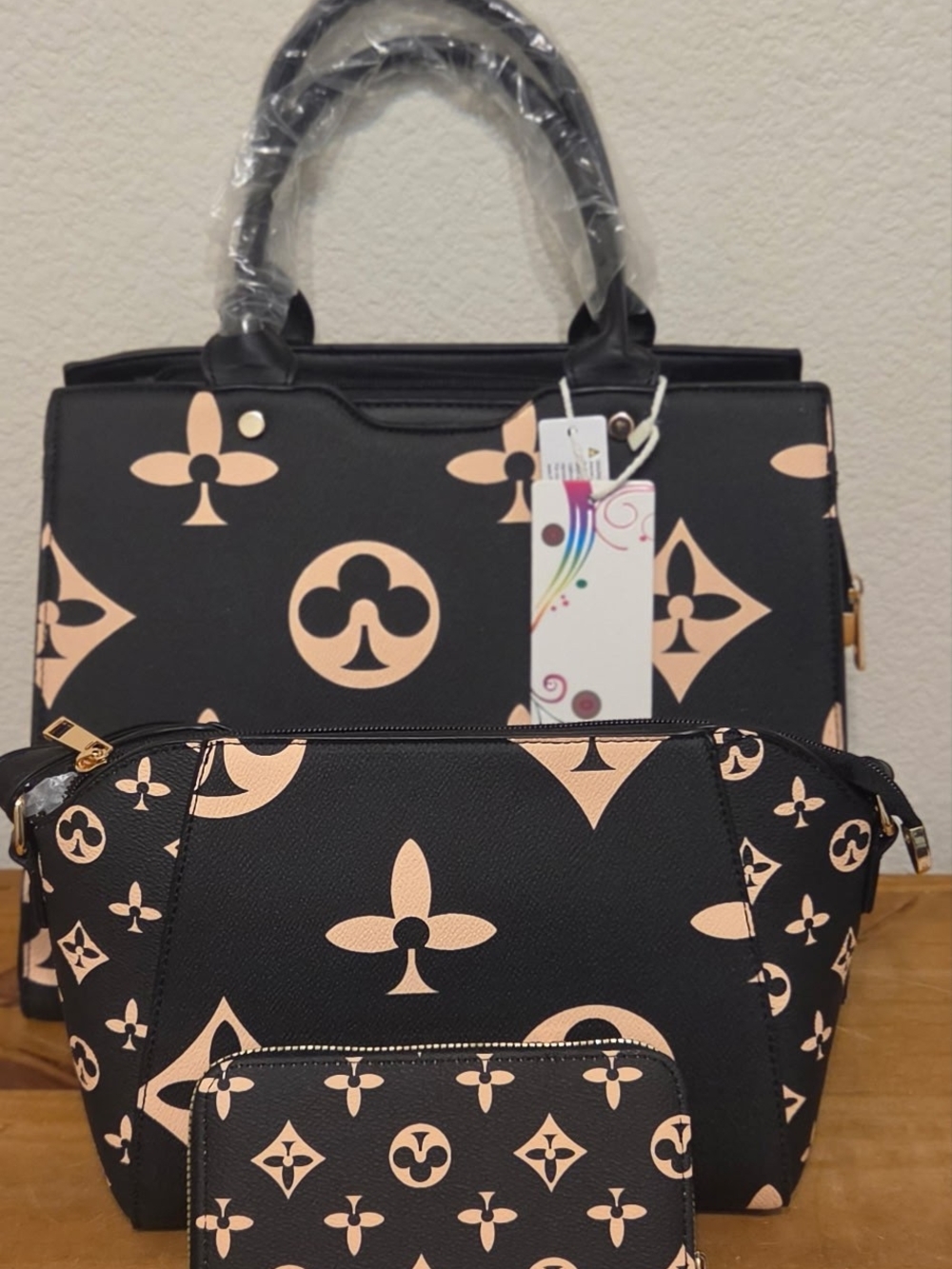 Black Tote and Pouch Set with Peach Floral Motif - Women Bags